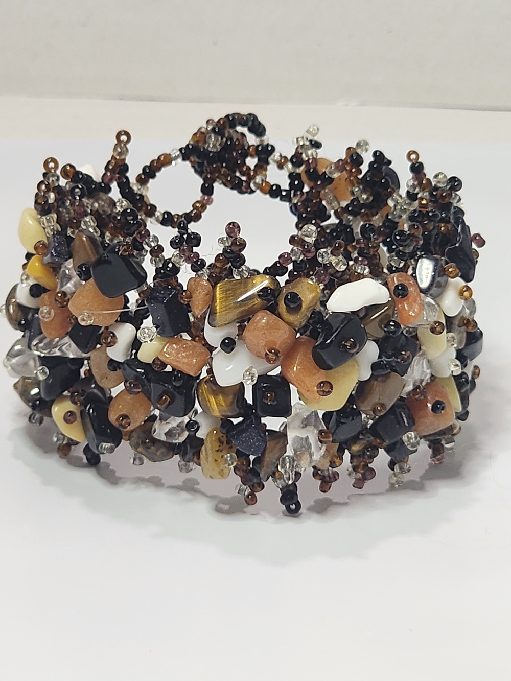 Handcrafted Multi-Stone Beaded Cuff Bracelet - Brown, Black & White